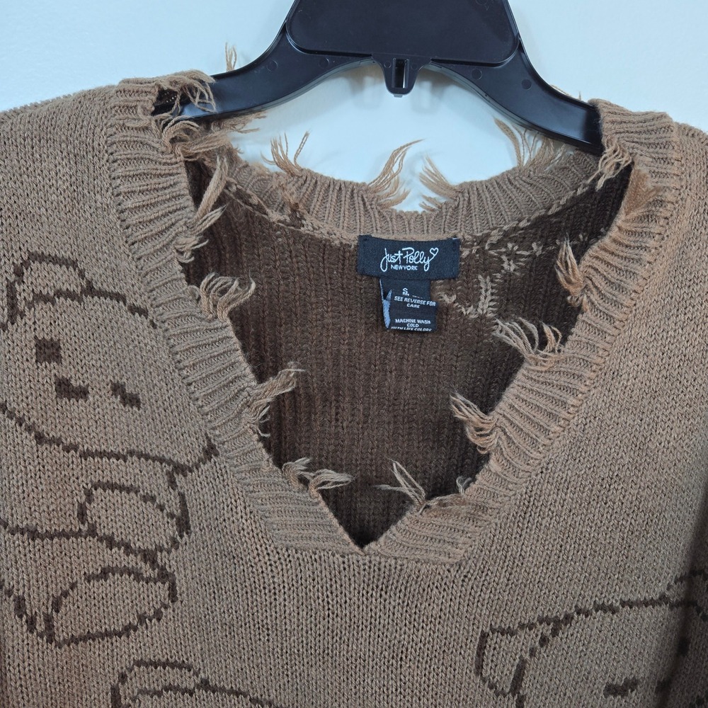 Just Polly Womens Brown Teddy Bear Grunge Distressed Oversized Sweater Small Y2K - Picture 2 of 7